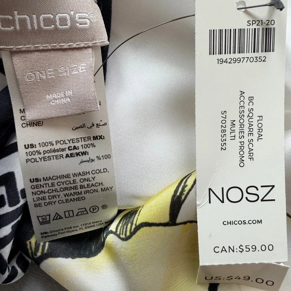 Chico's Floral BC Square Scarf Multi Color Geometric Border 570285352 NWT